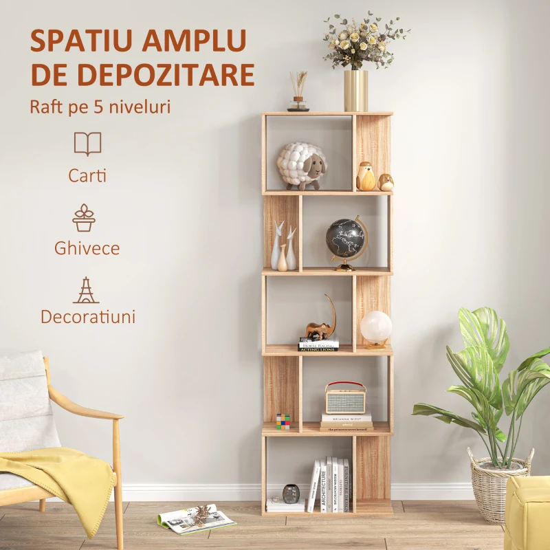 HOMCOM Bibliotecă cu 5 Rafturi Separate cu Spațiu de Economisire în Formă de S din Lemn, 60x24x184,5 cm, Lemn Natural