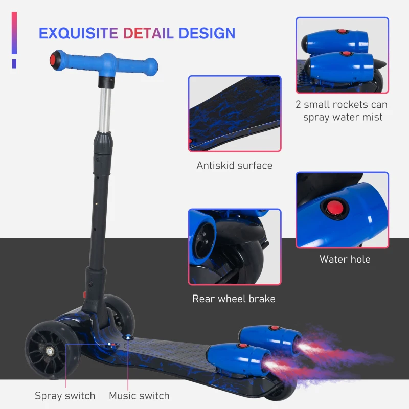 HOMCOM Scooter for Kids Toddler 3 Wheel Adjustable Height w/ Flashing Wheels Music Water Spray Foldable Kick Scooter for Boys and Girls 3 - 6 Yrs Blue