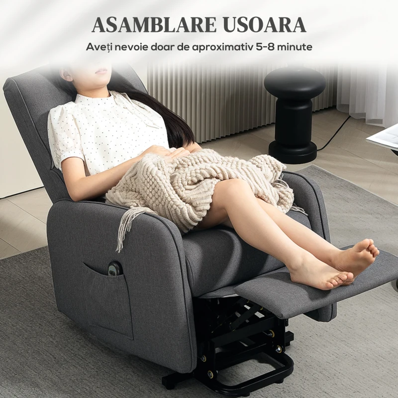 HOMCOM Fotoliu Electric Rabatabil cu Telecomandă, Suport pentru Picioare și Buzunar Lateral, 62x86,5x98 cm, Gri Cărbune