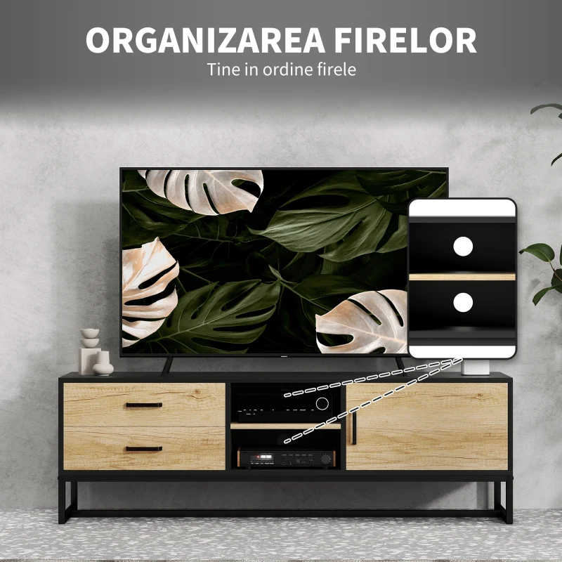 HOMCOM Mobilier pentru TV de 60" cu Dulăpior, 2 Sertare și Rafturi Deschise Reglabile, 140x35x45 cm, Lemn Natural