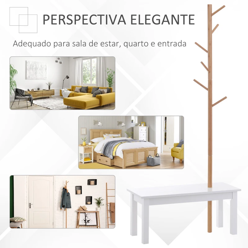 HOMCOM Cabide de Pé com Banco Pendurador Tipo Árvore Moderno 6 Ganchos para Pendurar Roupa Malas Corredor Entrada Bambu e MDF 80x30x180cm