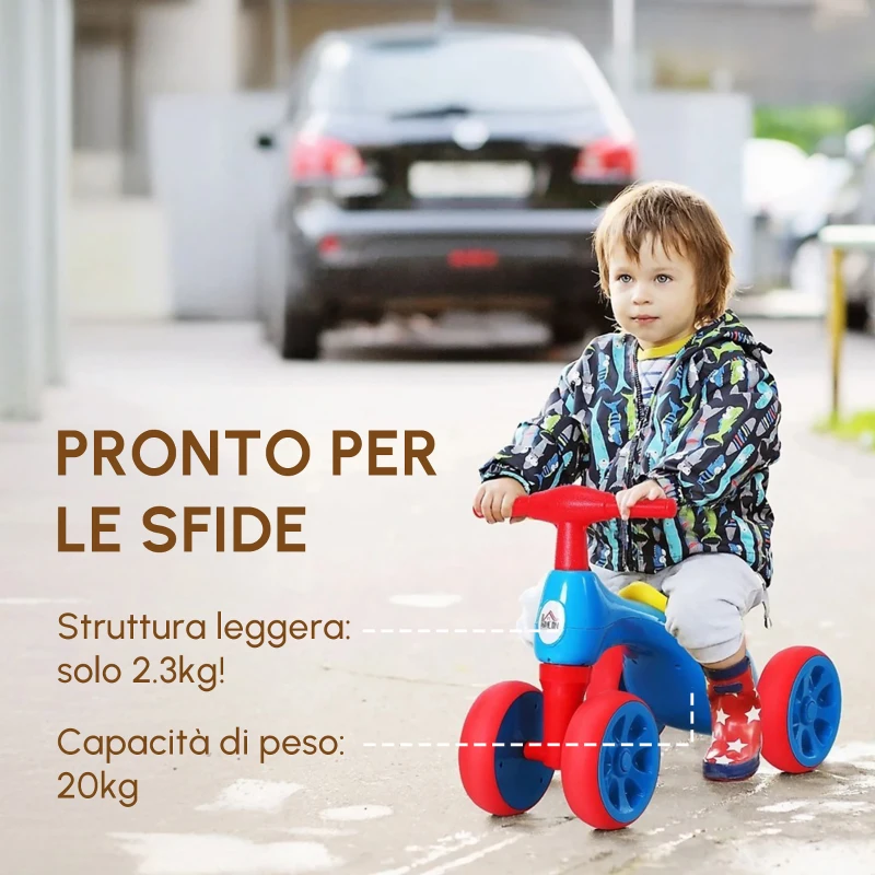 HOMCOM Bicicletta Equilibrio Senza Pedali Giochi con 4 Ruote per Bambini da 18-36 Mesi Blu e Rosso 57cm x 33.5cm x 42.5cm