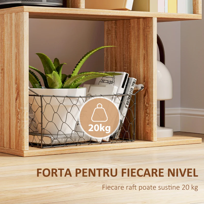 HOMCOM Bibliotecă cu 5 Rafturi Separate cu Spațiu de Economisire în Formă de S din Lemn, 60x24x184,5 cm, Lemn Natural
