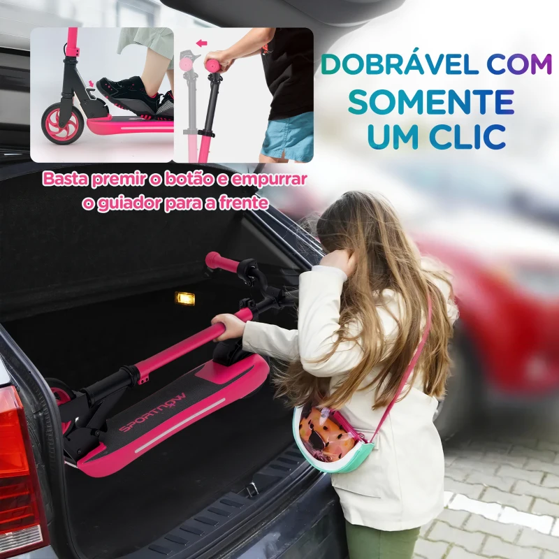 SPORTNOW Trotinete Elétrica Dobrável para Crianças 120 W Autonomia 6 km e Máximo 10 km/h com Travão Luzes LED 74x52x83-87 cm Rosa
