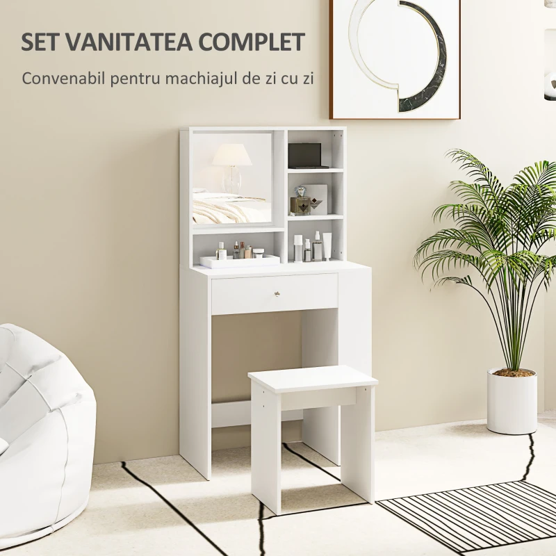 HOMCOM Set Masă de Toaletă cu Scaun, Stație de Machiaj cu Sertar, Oglindă și Rafturi din Lemn, 70x40x137 cm, Alb