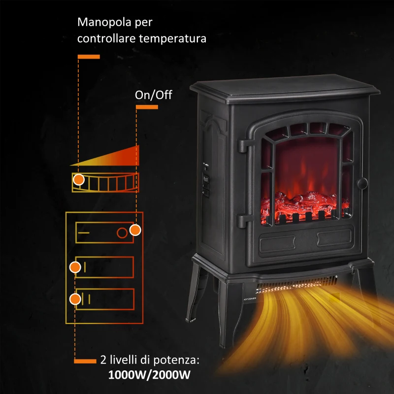 HOMCOM Camino Elettrico con Effetto Fiamma, Temperatura Regolabile 1000W-2000W, Copertura 20-25m², 39x24x56.5cm, Nero