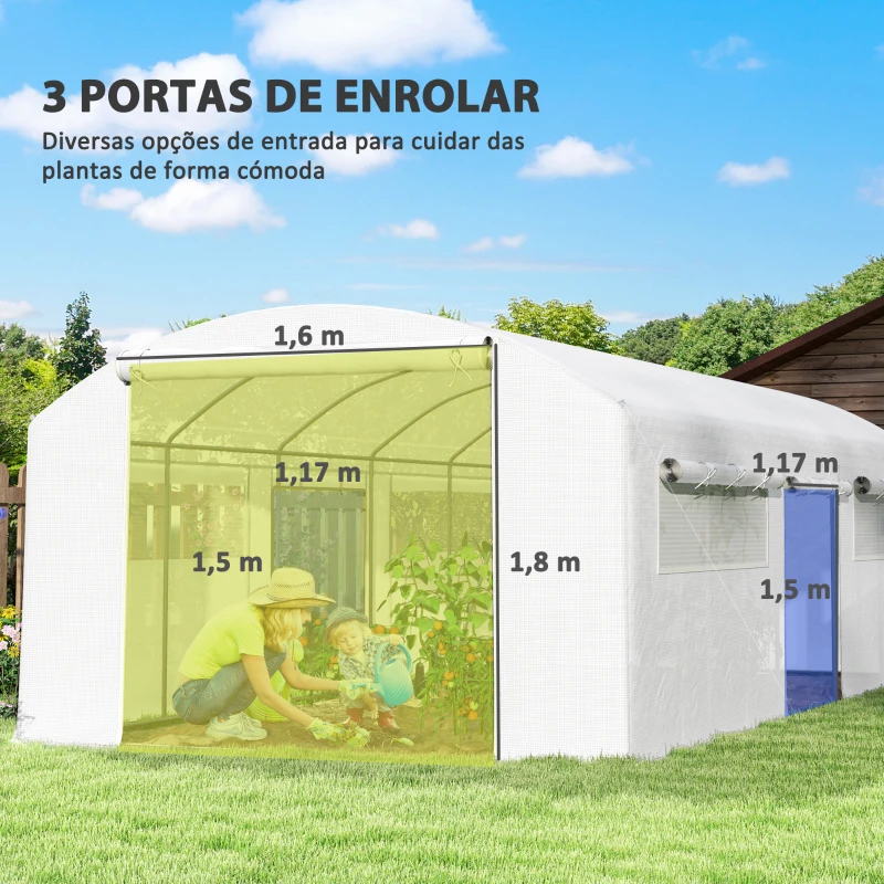 Outsunny Estufa tipo Túnel 6x3x2 m Estufa de Exterior com 4 Janelas de Malha Cobertura de PE Anti UV e 3 Portas Enroláveis Branco