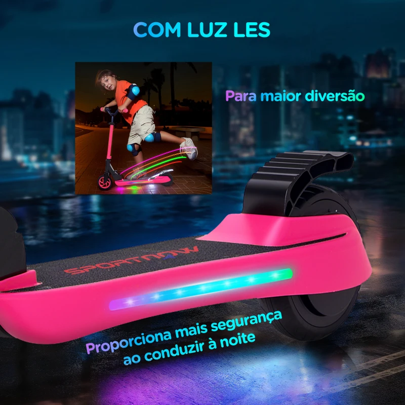 SPORTNOW Trotinete Elétrica Dobrável para Crianças 120 W Autonomia 6 km e Máximo 10 km/h com Travão Luzes LED 74x52x83-87 cm Rosa