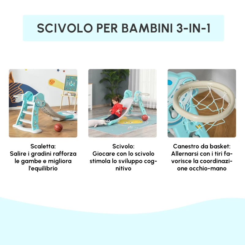 HOMCOM Scivolo per Bambini da 18 Mesi Pieghevole con 3 Scalini e Canestro Basket, 140x87x75cm, Blu e Grigio