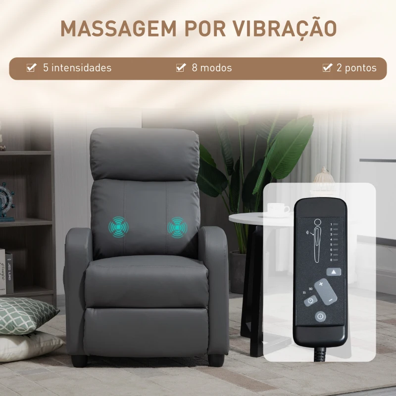 HOMCOM Poltrona de Massagem Reclinável com 2 Zonas de Massagem 8 Programas e 5 Níveis de Intensidade 68x88x98 cm Cinzento