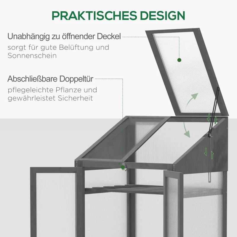 Outsunny Mini-Kas, Kleine Kas met Houten Frame, Ramen en Dubbele Deur, 3 Planken, 70L x 50B x 120H cm, Grijs(m-6)