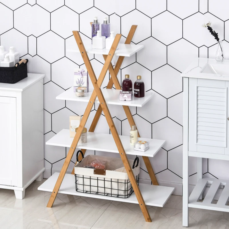 kleankin Modern 4-Tier Bathroom Display Shelf Shelving Unit Bookcase for Study & Living Room with Bamboo Frame