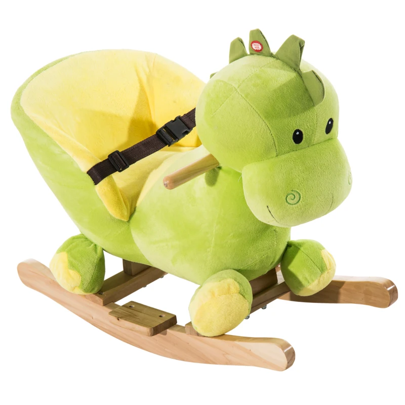 HOMCOM Cavalo de Baloiço em Forma de Dinossauro de Pélucia para Bebés 18-36 Meses com Sons Cinto de Segurança Guiador e Apoio para os Pés 60x33x45cm Verde