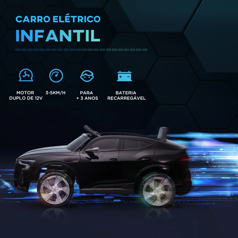 HOMCOM Carro Elétrico Audi E-Tron 12V com Faróis Buzina Música MP3 TF USB e Abertura da Porta 3-8km/h 108x60x47 cm Preto