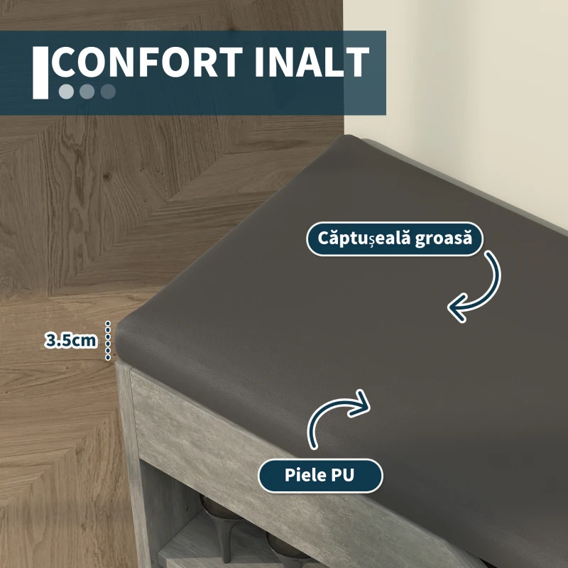 HOMCOM Bancă pentru Încălțăminte cu 3 Rafturi Deschise, Spațiu Ascuns și Pernă Capitonată, 80x30x45 cm, Gri