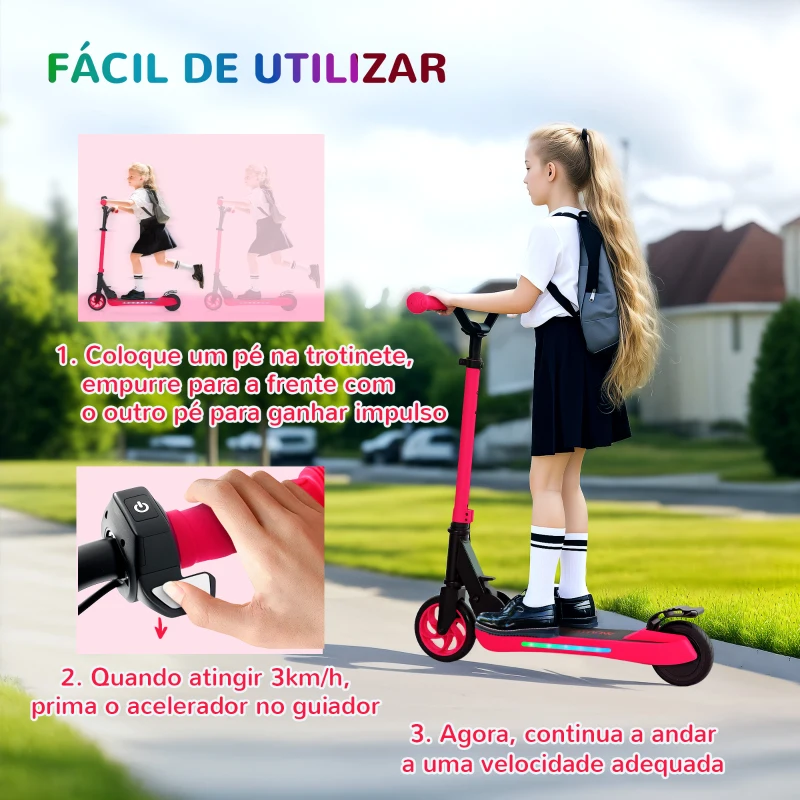 SPORTNOW Trotinete Elétrica Dobrável para Crianças 120 W Autonomia 6 km e Máximo 10 km/h com Travão Luzes LED 74x52x83-87 cm Vermelho