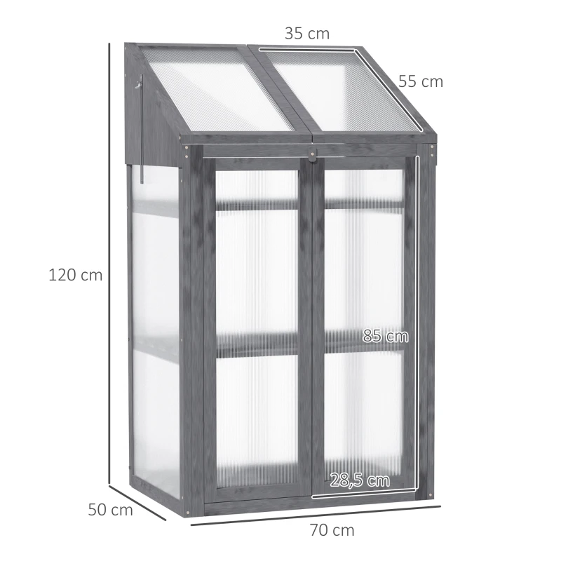 Outsunny Mini-Kas, Kleine Kas met Houten Frame, Ramen en Dubbele Deur, 3 Planken, 70L x 50B x 120H cm, Grijs(m-3)