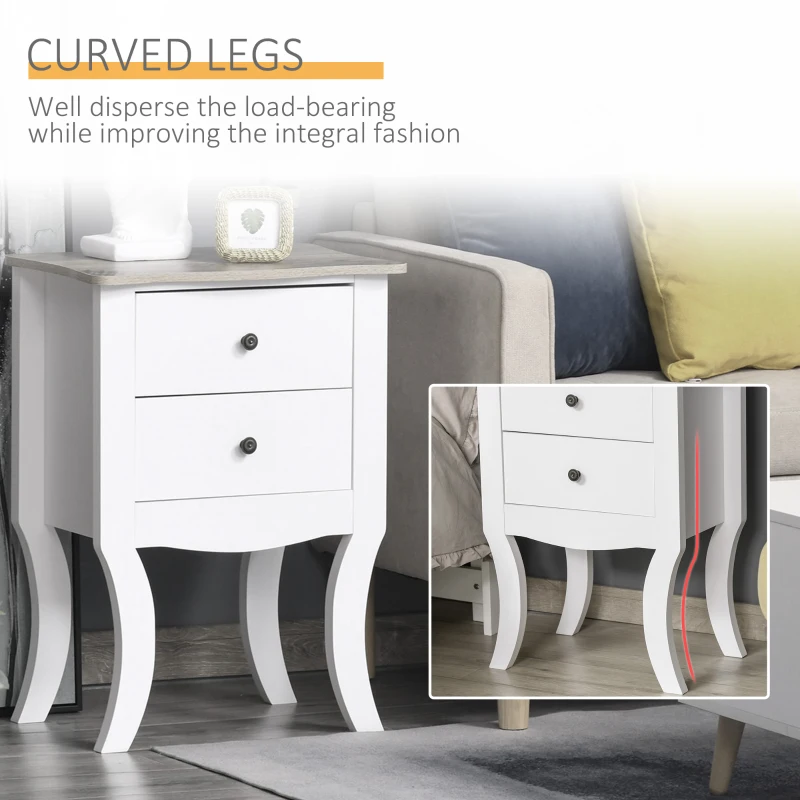 HOMCOM Modern Night Table with 2 Drawers, Bedside Table, Free Standing Unit Storage Cabinet Living Room White