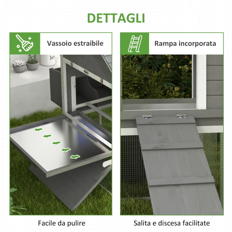 Pawhut Pollaio da Giardino con Casetta per Galline, Rampa e Area Aperta, 310.5x149.5x149cm, Grigio