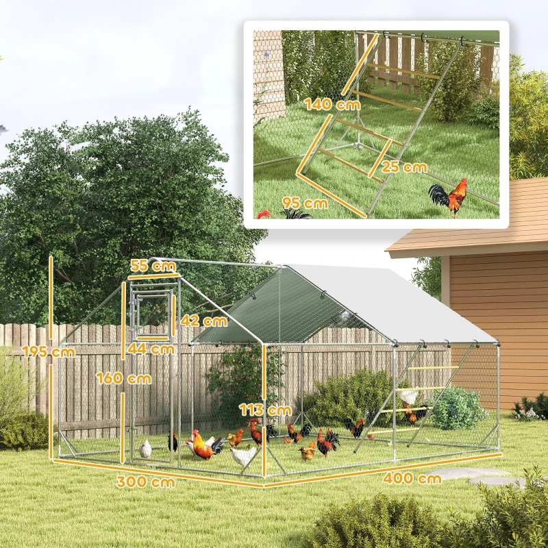 PawHut Galinheiro para Exterior 3x4 m Galinheiro de Aço Galvanizado com Comedouro Suspenso Tipo Espeto Poleiro Anti-UV Prata