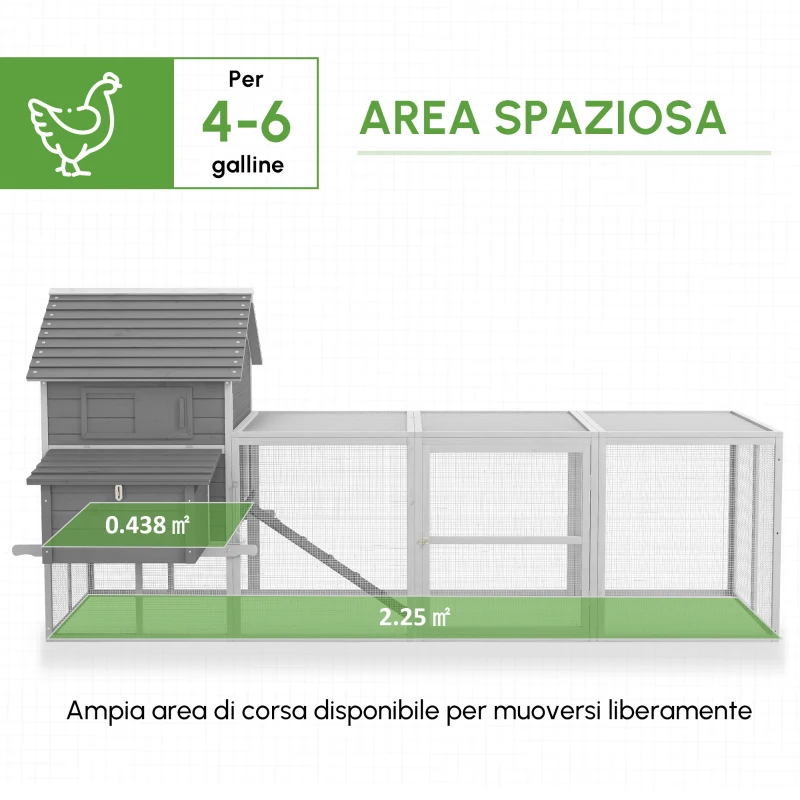 Pawhut Pollaio da Giardino con Casetta per Galline, Rampa e Area Aperta, 310.5x149.5x149cm, Grigio