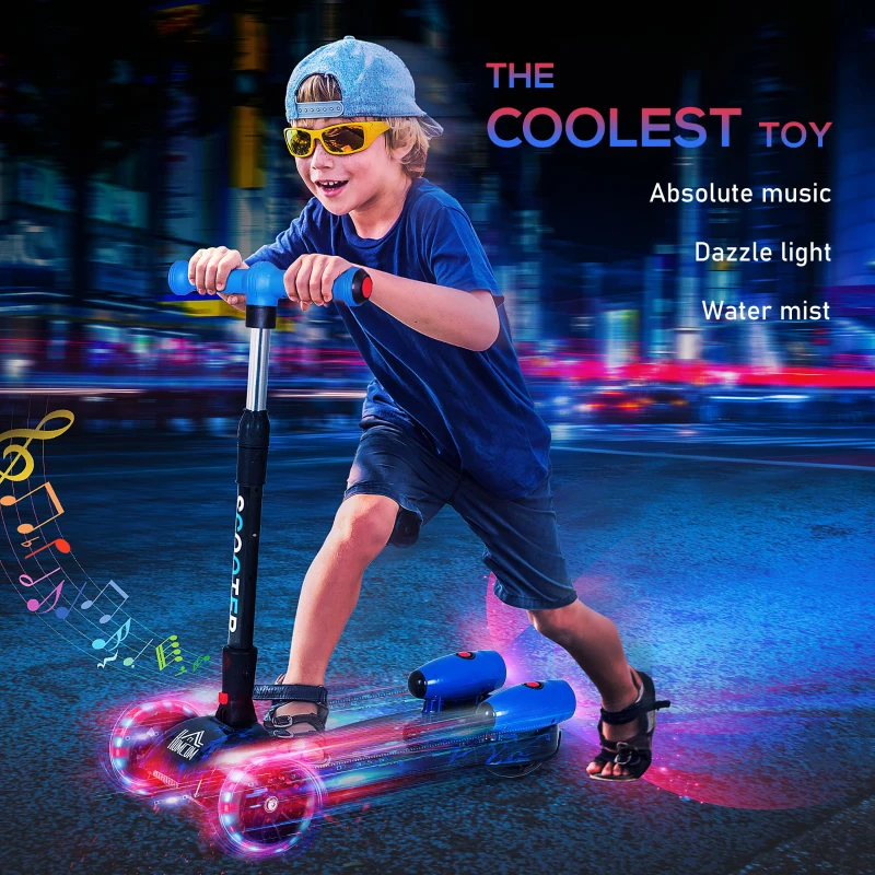 HOMCOM Scooter for Kids Toddler 3 Wheel Adjustable Height w/ Flashing Wheels Music Water Spray Foldable Kick Scooter for Boys and Girls 3 - 6 Yrs Blue
