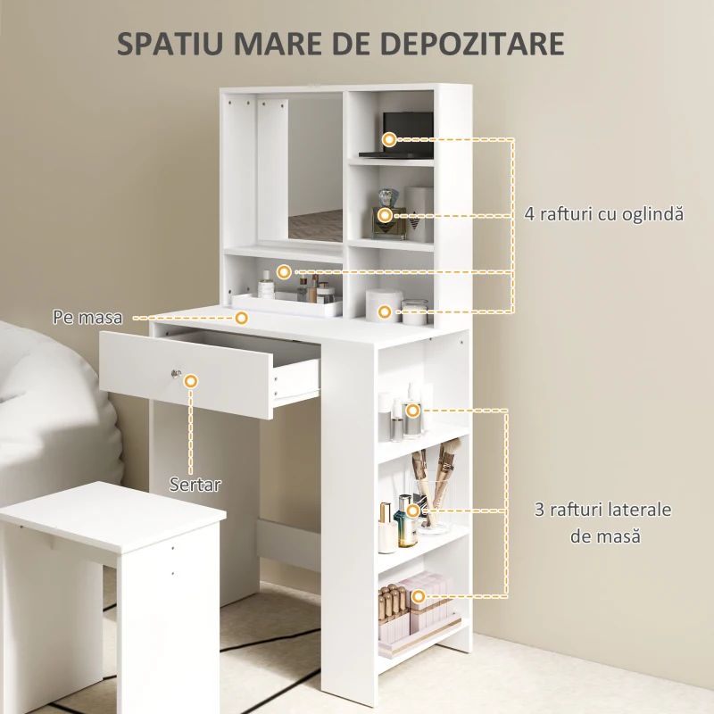 HOMCOM Set Masă de Toaletă cu Scaun, Stație de Machiaj cu Sertar, Oglindă și Rafturi din Lemn, 70x40x137 cm, Alb
