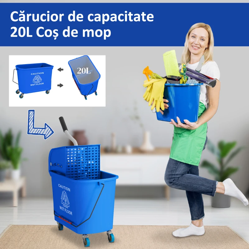 HOMCOM Cărucior Profesional pentru Curățenie cu Găleată pentru Mop de 20L, 60x27x70,5 cm, Albastru