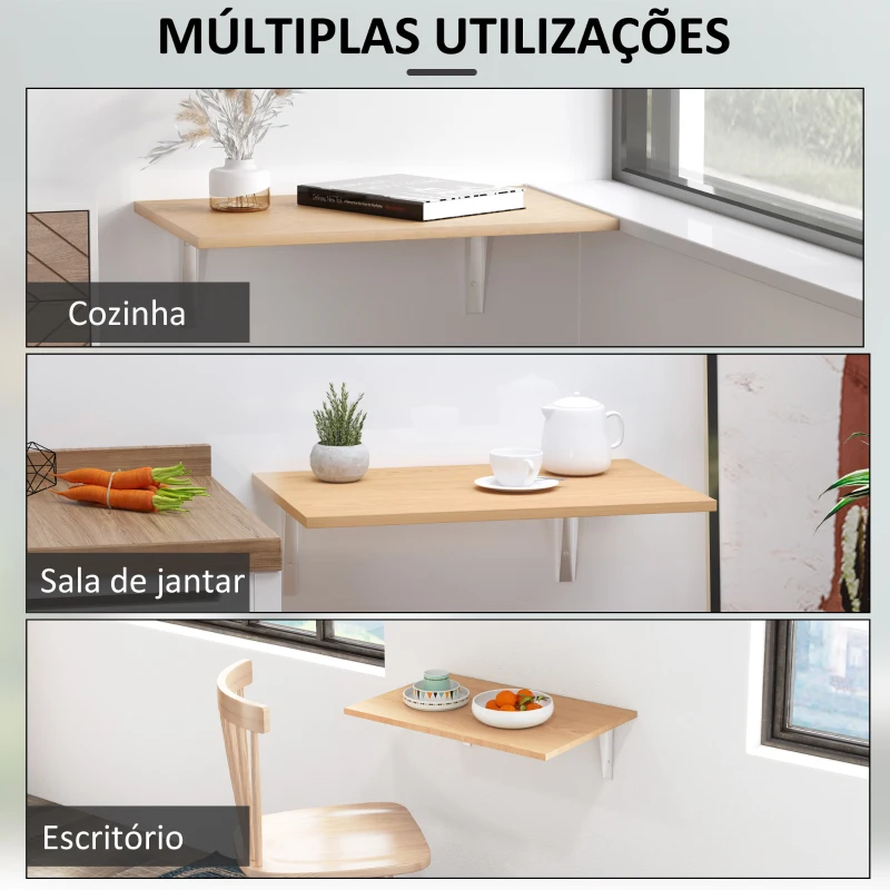 HOMCOM Mesa Dobrável de Parede Mesa Auxiliar Suspensa para Cozinha Sala de Jantar 60x40x20cm Madeira Natural