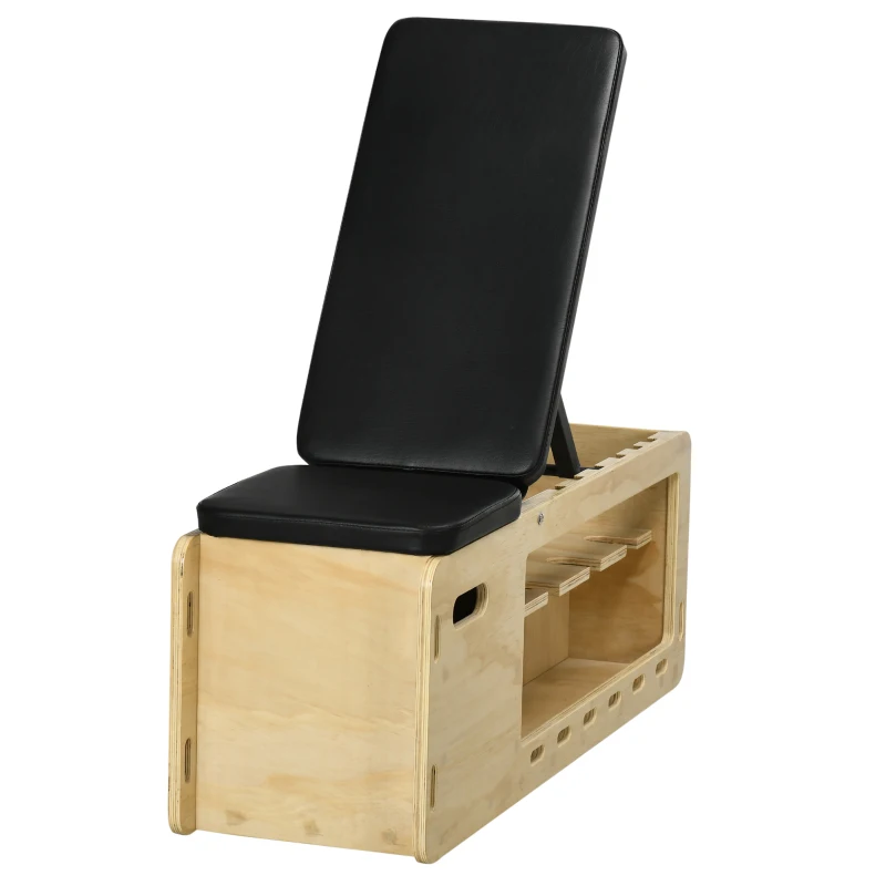 HOMCOM Hantelbank mit Hantelablage, 1 Aufbewahrungskorb, in 6 Positionen verstellbar, Massivholz, Natur + Schwarz