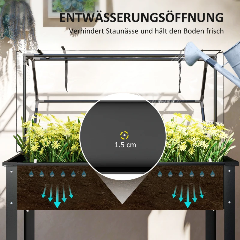 Outsunny Hochbeet mit Gewächshaus-Dach, Erhöhte Pflanzenbox mit Ablauflöchern, 100 x 48 x 124 cm, Schwarz