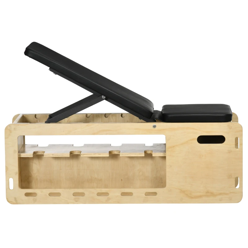 HOMCOM Hantelbank mit Hantelablage, 1 Aufbewahrungskorb, in 6 Positionen verstellbar, Massivholz, Natur + Schwarz