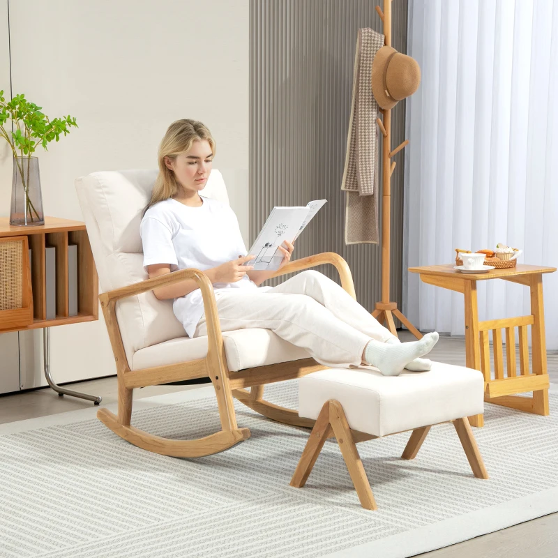 HOMCOM Schommelstoel met Kruk, Zachte Bekleding, Linnenlook, Houten Frame, Crèmewit(m-6)