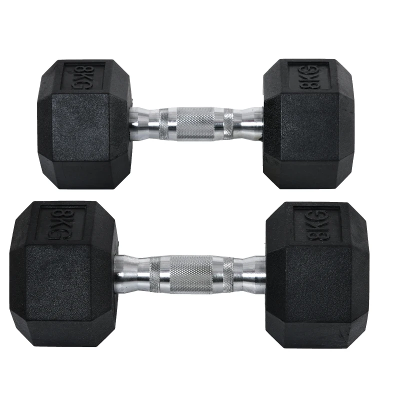 HOMCOM Hexagon Kurzhantel Gusseisen Hantel Gummi-Hantel Griff gerändelt Gewichte Metall Gummi schwarz 2 x 8 KG