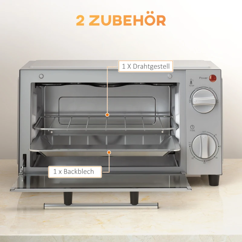 HOMCOM Mini-oven, 9 L met Bakplaat, Grillrooster, Instelbare Temperatuur en Kooktijd, Roestvrij Staal, Zilver(m-6)