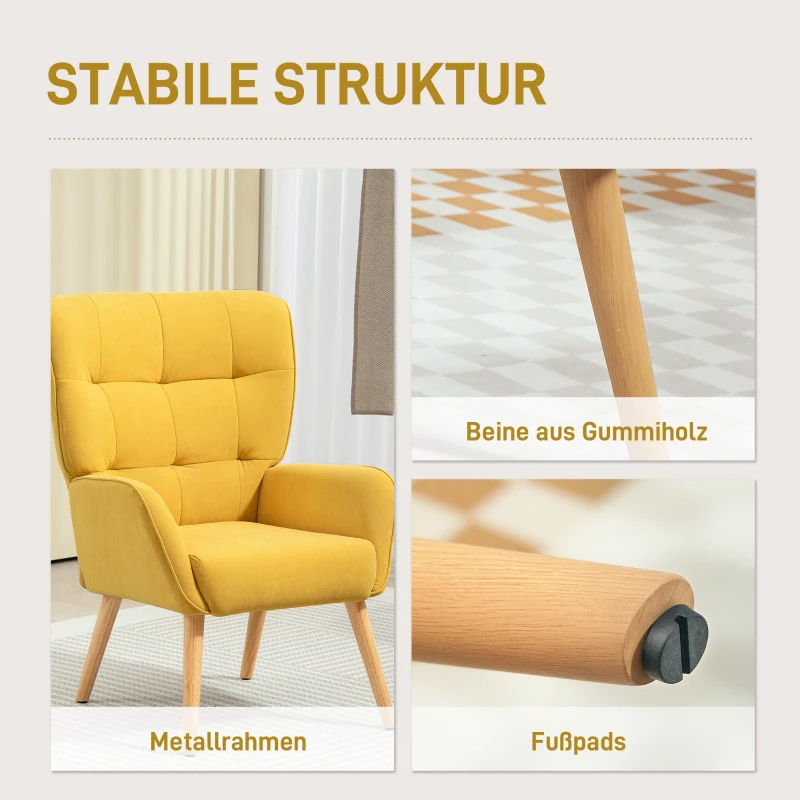 HOMCOM Gestoffeerde fauteuil, Woonkamerstoel met stiksels, Zachte bekleding in Fluweel Look, tot 120 kg, Geel