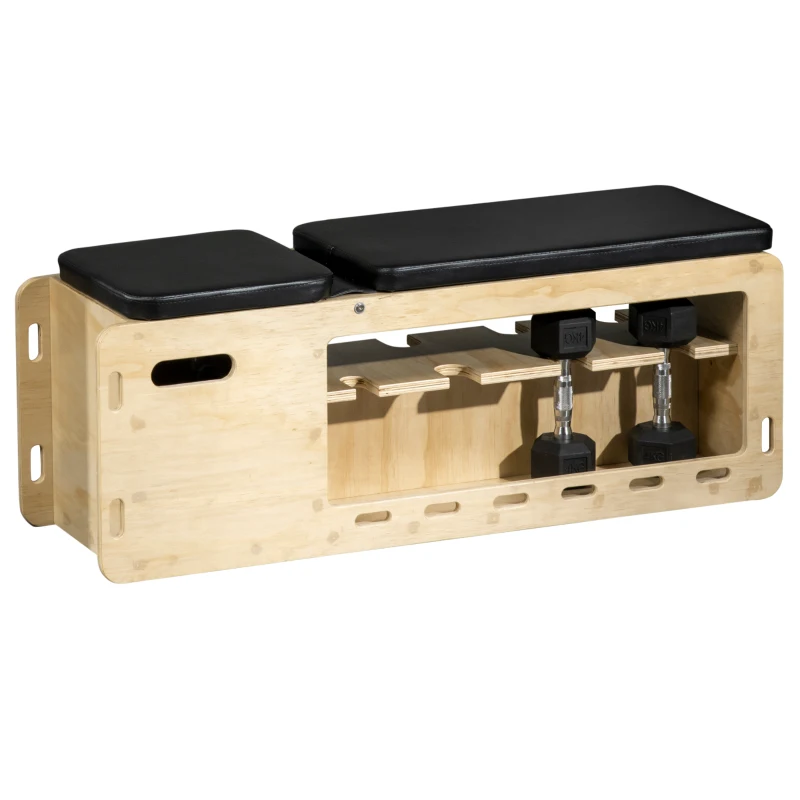 HOMCOM Hantelbank mit Hantelablage, 1 Aufbewahrungskorb, in 6 Positionen verstellbar, Massivholz, Natur + Schwarz