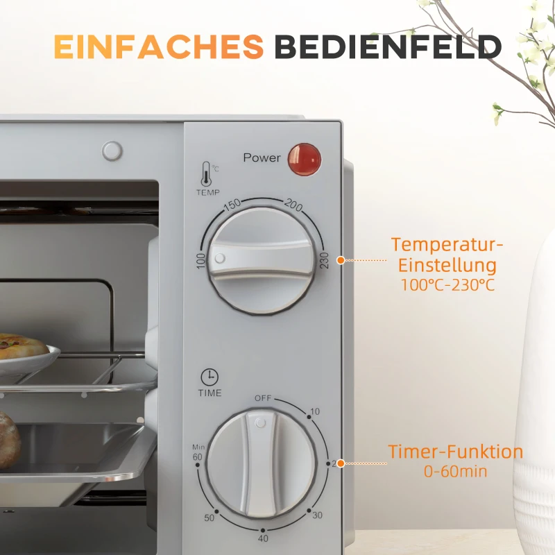 HOMCOM Mini-oven, 9 L met Bakplaat, Grillrooster, Instelbare Temperatuur en Kooktijd, Roestvrij Staal, Zilver(m-7)