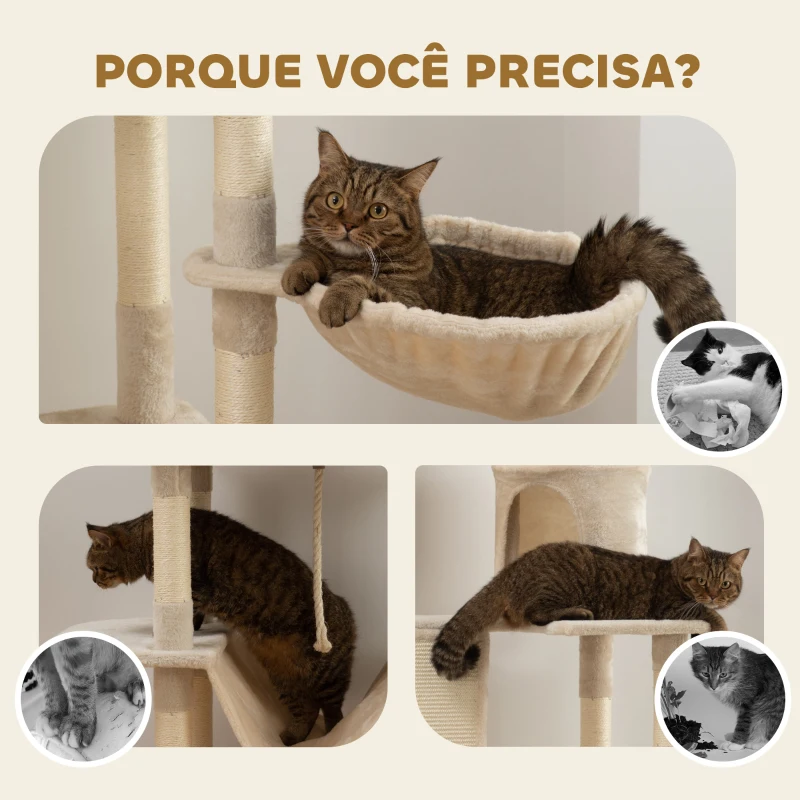 PawHut Arranhador para Gatos Grande Altura 173 cm Torre para Gatos com Plataformas Caverna Bolas Suspensa e Rede Bege