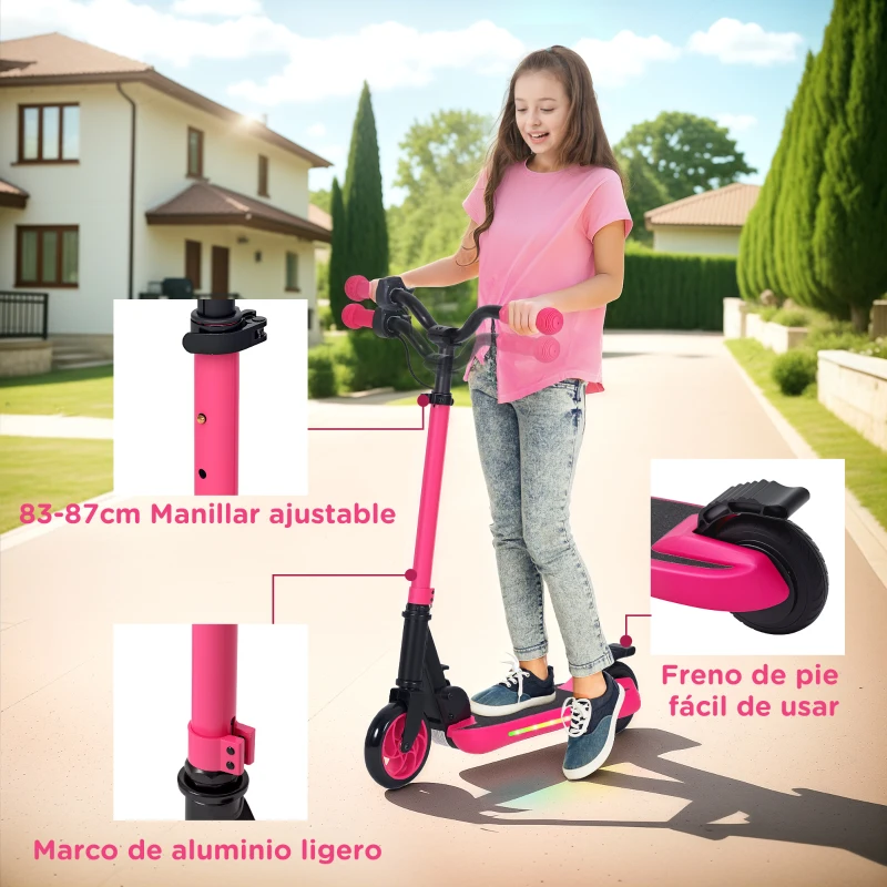 SPORTNOW Patinete Eléctrico Plegable de +6 Años Motor 120 W Autonomía 6 KM MAX 10 KM/H Ruedas de 5" - 5,5" Altura Ajustable Rosa
