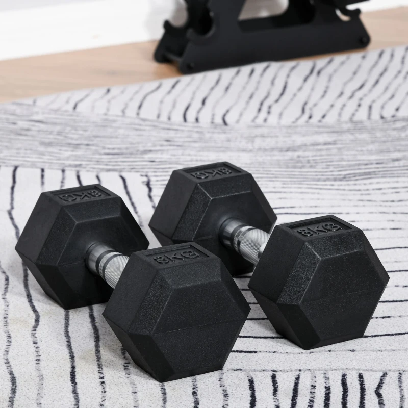 HOMCOM Hexagon Kurzhantel Gusseisen Hantel Gummi-Hantel Griff gerändelt Gewichte Metall Gummi schwarz 2 x 8 KG