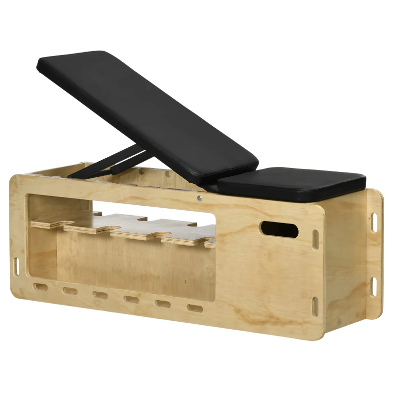 HOMCOM Hantelbank mit Hantelablage, 1 Aufbewahrungskorb, in 6 Positionen verstellbar, Massivholz, Natur + Schwarz