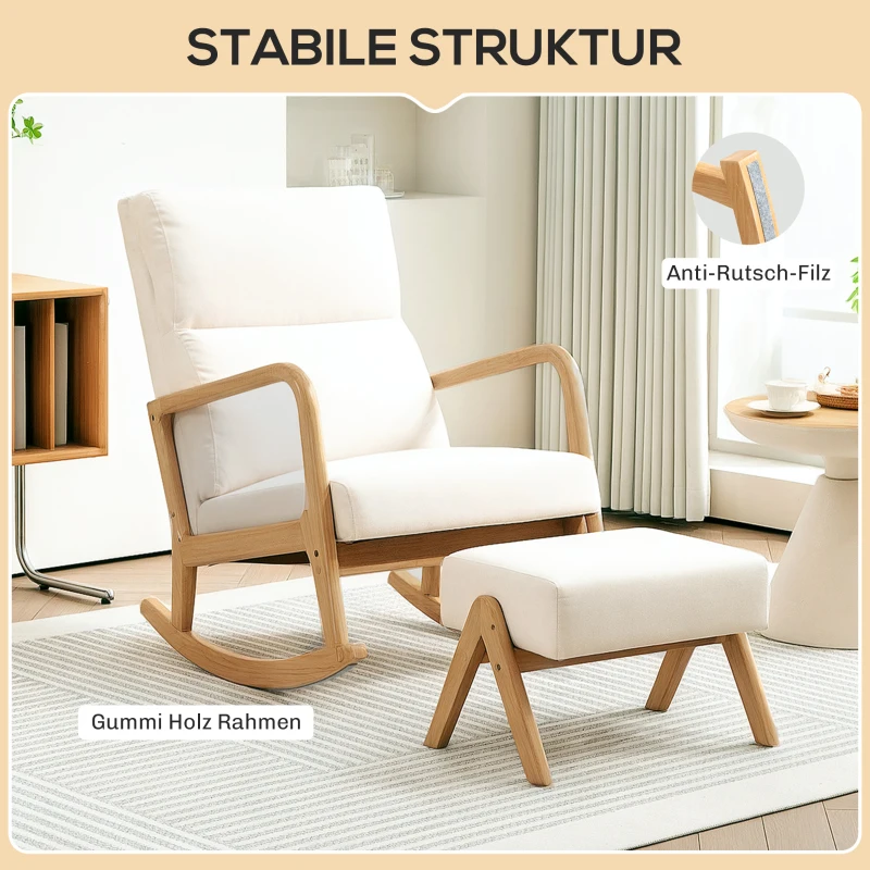 HOMCOM Schommelstoel met Kruk, Zachte Bekleding, Linnenlook, Houten Frame, Crèmewit(m-5)