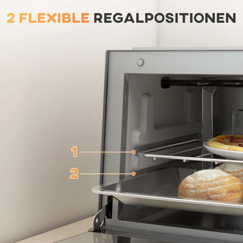 HOMCOM Mini-oven, 9 L met Bakplaat, Grillrooster, Instelbare Temperatuur en Kooktijd, Roestvrij Staal, Zilver(m-5)