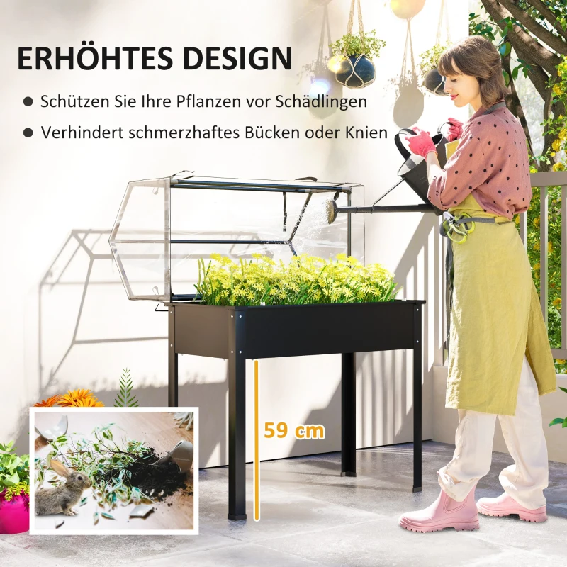 Outsunny Hochbeet mit Gewächshaus-Dach, Erhöhte Pflanzenbox mit Ablauflöchern, 100 x 48 x 124 cm, Schwarz