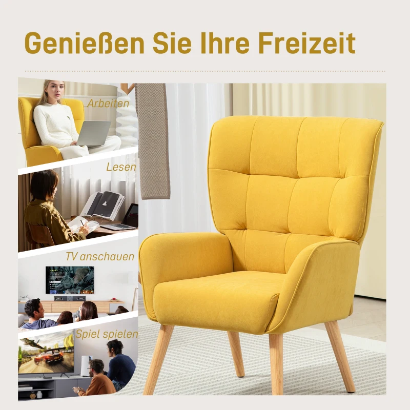 HOMCOM Gestoffeerde fauteuil, Woonkamerstoel met stiksels, Zachte bekleding in Fluweel Look, tot 120 kg, Geel