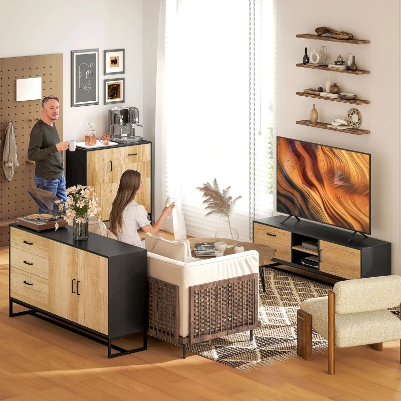 HOMCOM Bufet Modern de Depozitare cu 3 Dulapuri și 2 Sertare din Pal Melaminat și Oțel, 80x35x88 cm, Lemn Natural(m-9)
