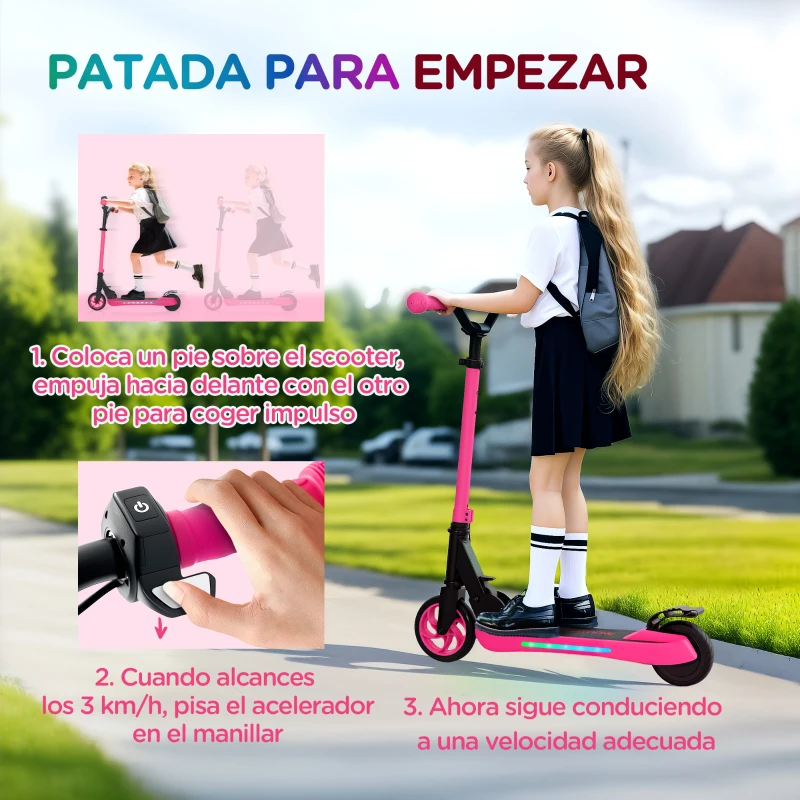 SPORTNOW Patinete Eléctrico Plegable de +6 Años Motor 120 W Autonomía 6 KM MAX 10 KM/H Ruedas de 5" - 5,5" Altura Ajustable Rosa