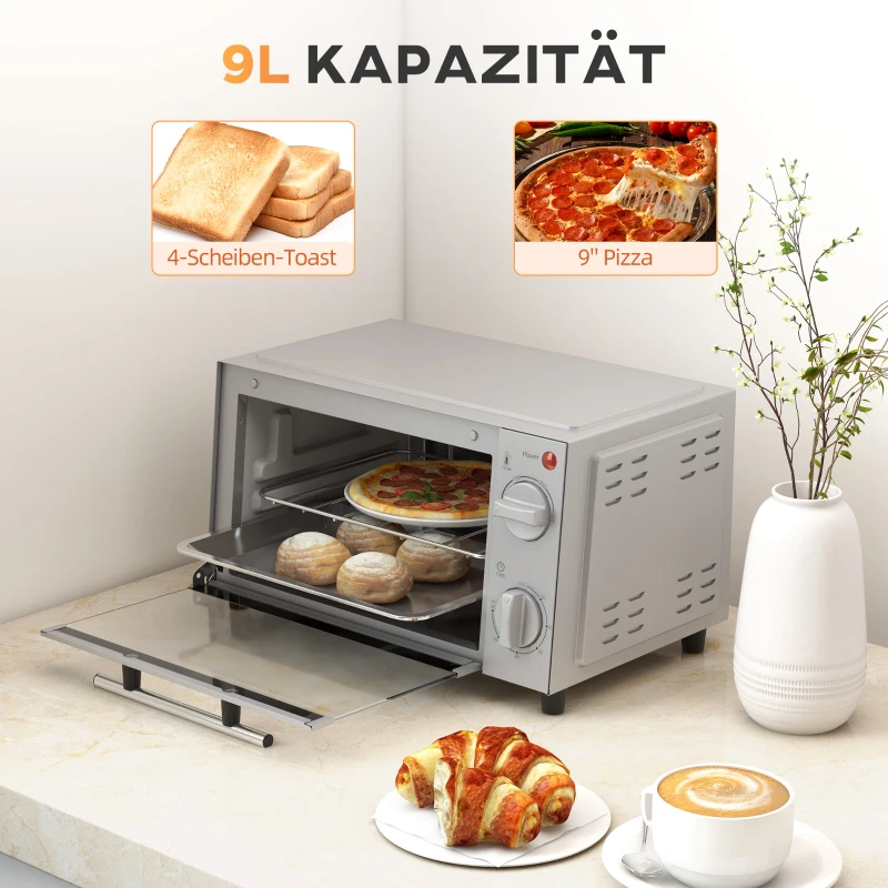HOMCOM Mini-oven, 9 L met Bakplaat, Grillrooster, Instelbare Temperatuur en Kooktijd, Roestvrij Staal, Zilver(m-4)