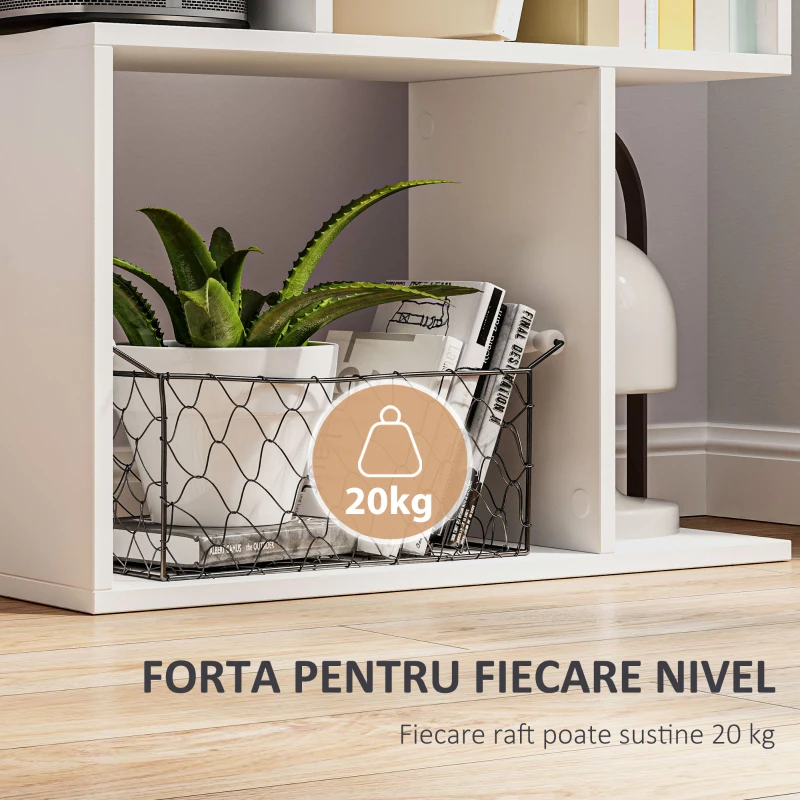 HOMCOM Raft pentru Cărți cu 5 Rafturi Separate, Bibliotecă în Formă de S din Lemn, 60x24x184,5 cm, Alb